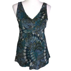 APT9 MULTICOLOR PEACOCK PRINT SLEEVELESS VNECK TOP MEDIUM